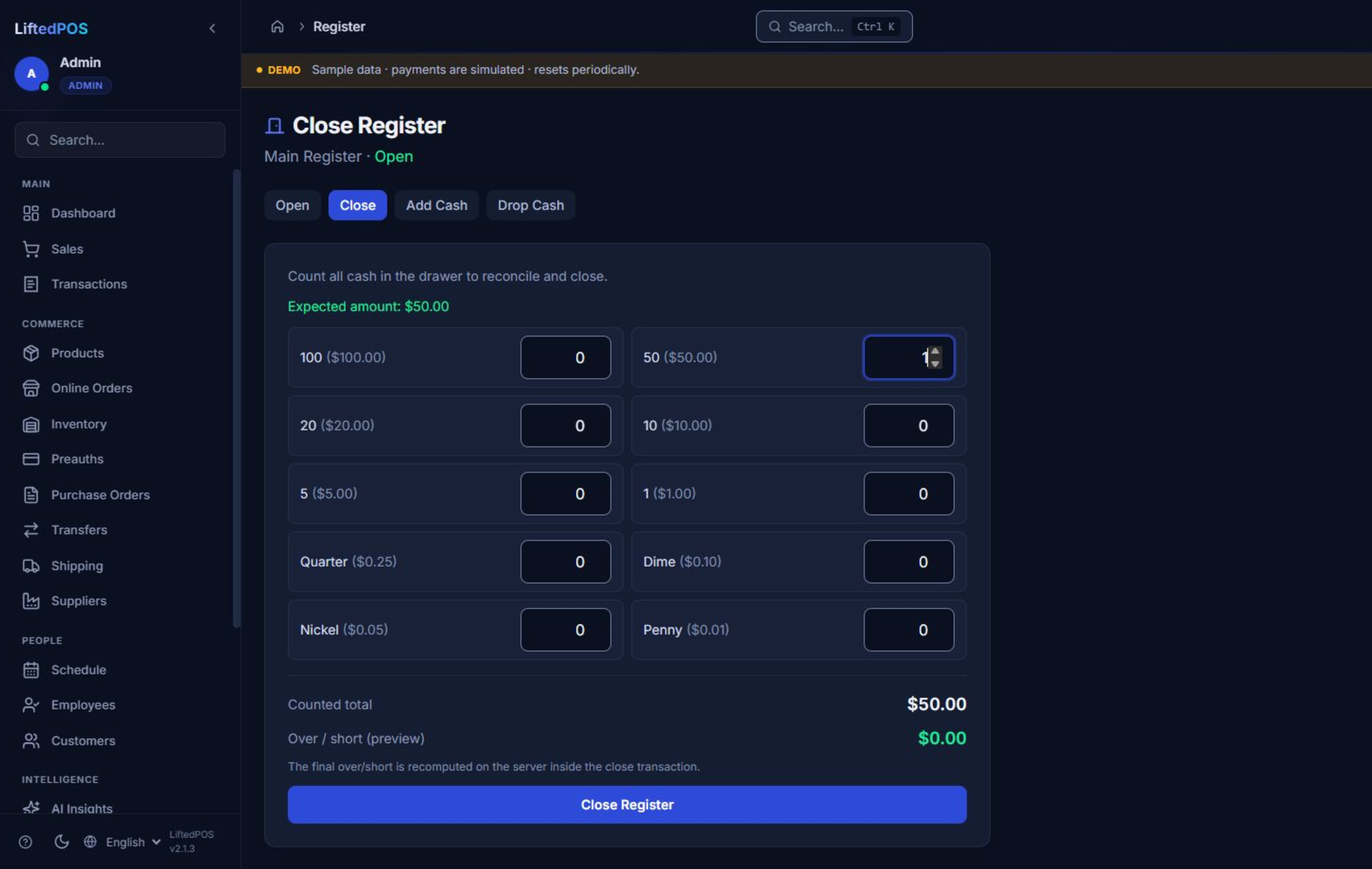 LiftedPOS cash close used to run an accountable manager handoff