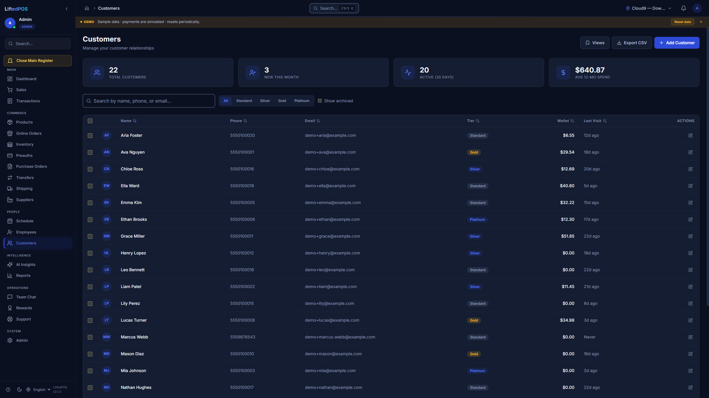 LiftedPOS customer workspace used to inspect salon and spa client history