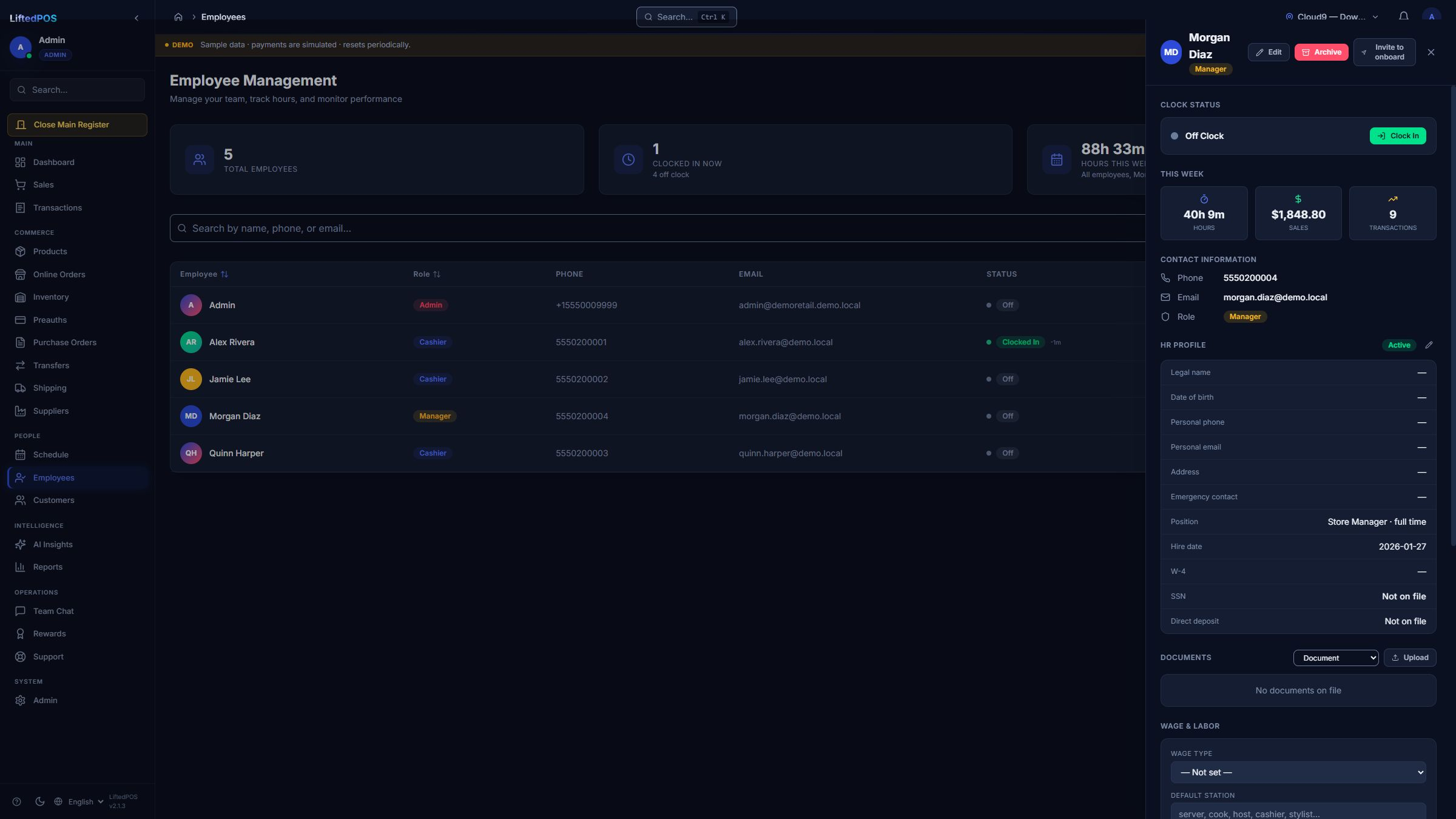 LiftedPOS employee record with manager clock controls and work context