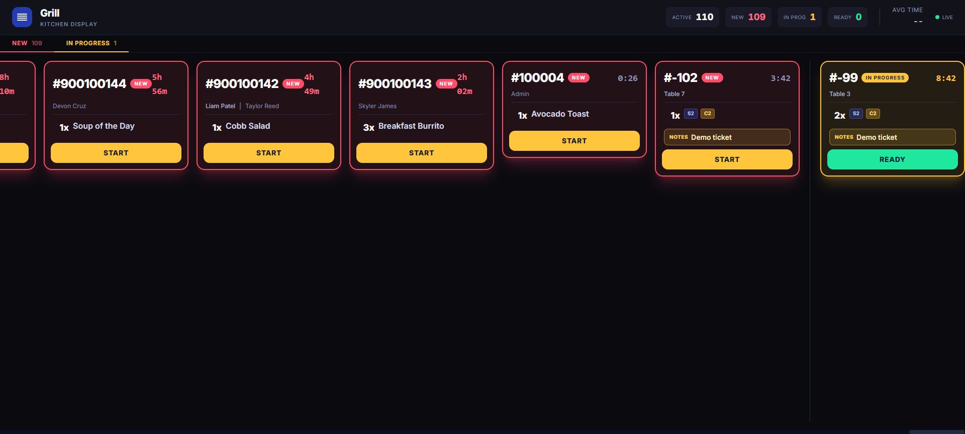 LiftedPOS live kitchen display with active restaurant tickets