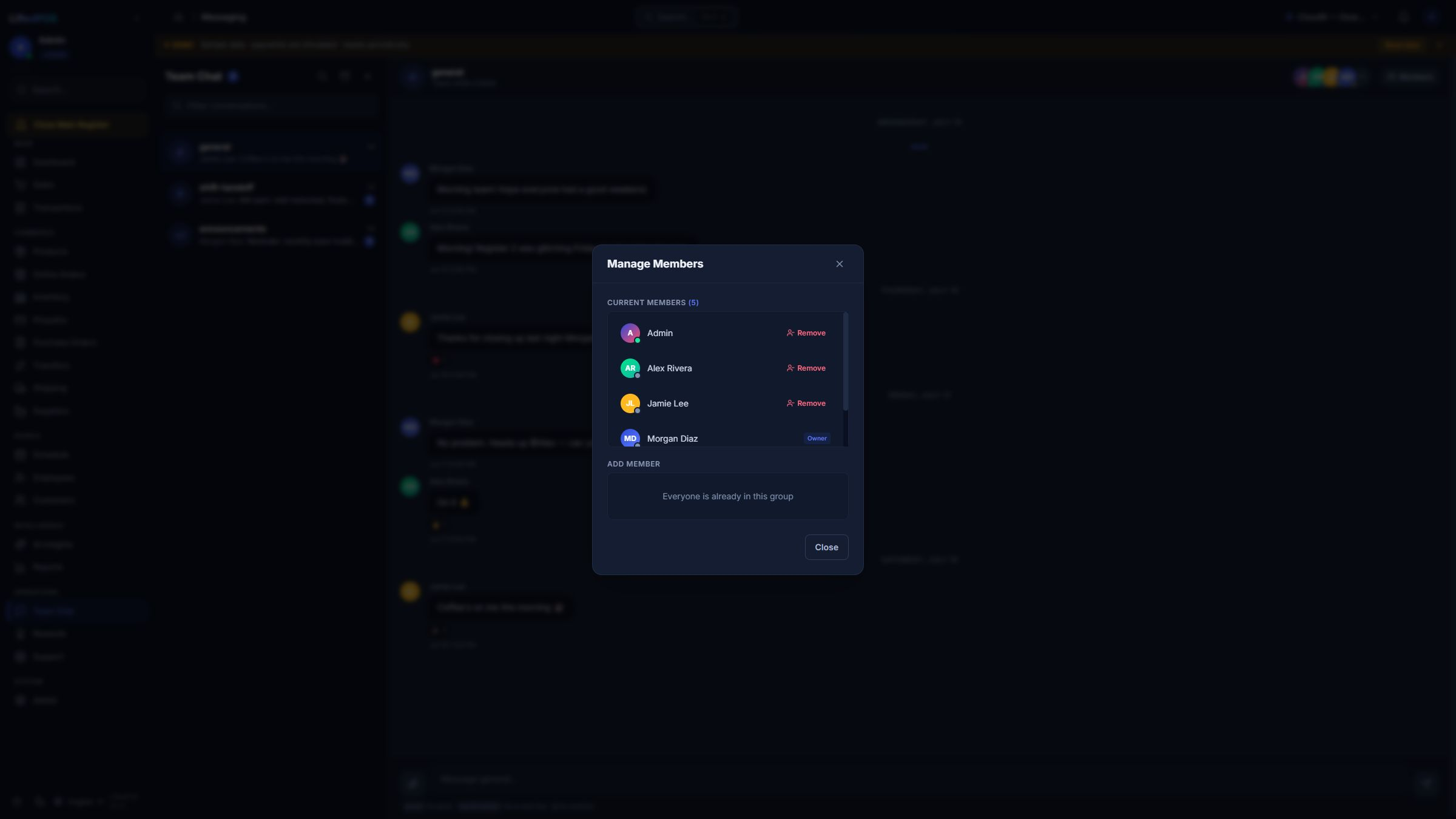 LiftedPOS Team Chat member roster with owner and member controls