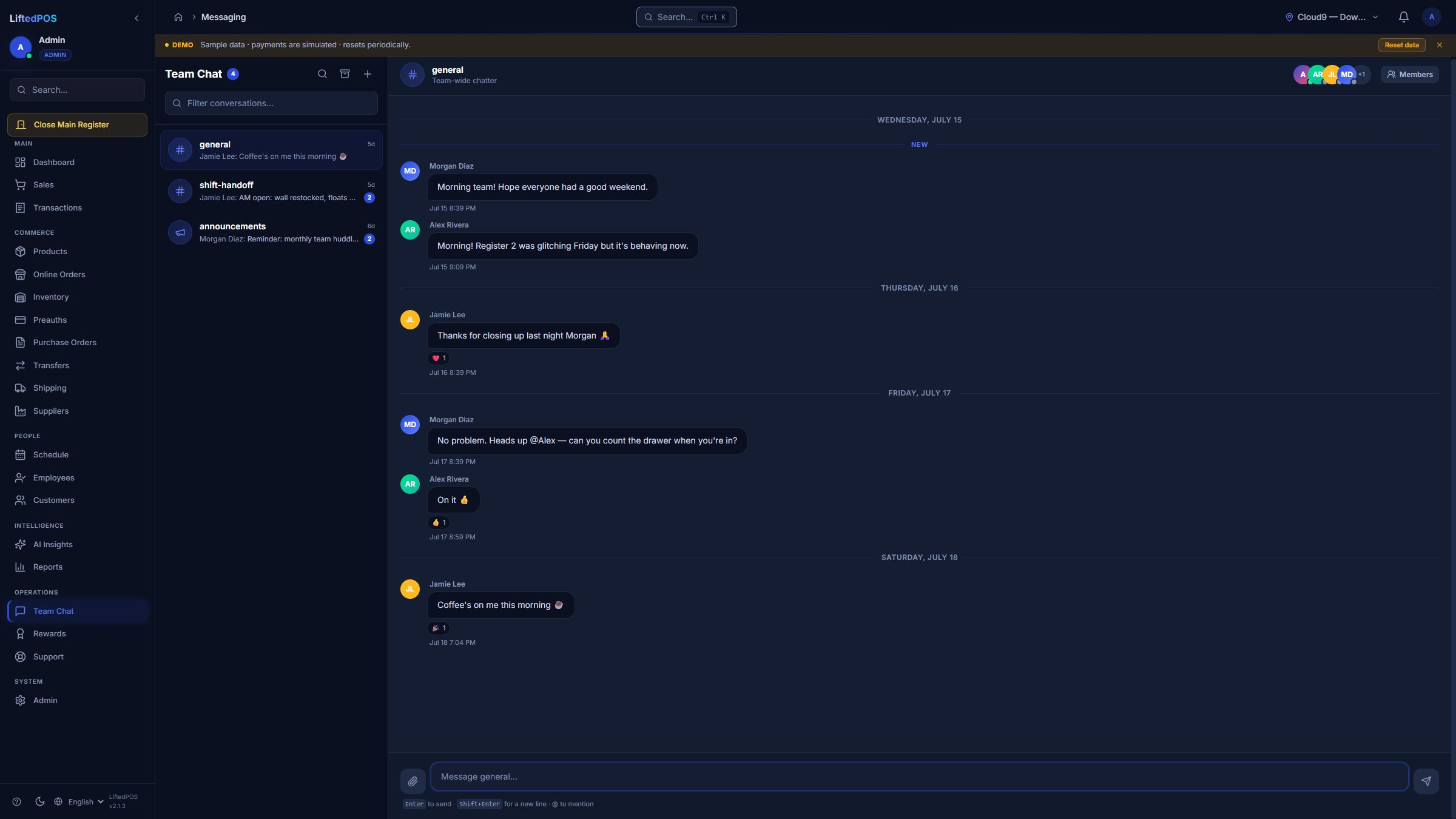 LiftedPOS native team messaging with channels, employee thread, reactions, and composer