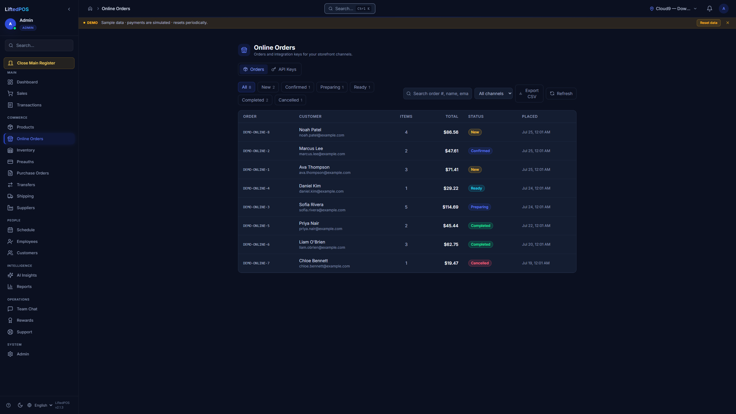 LiftedPOS online-order workspace for controlled cafe order intake