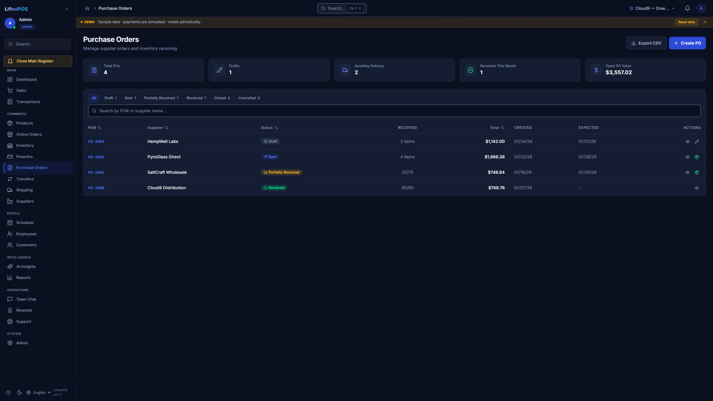 LiftedPOS Purchase Orders screen for deliberate supplier replenishment