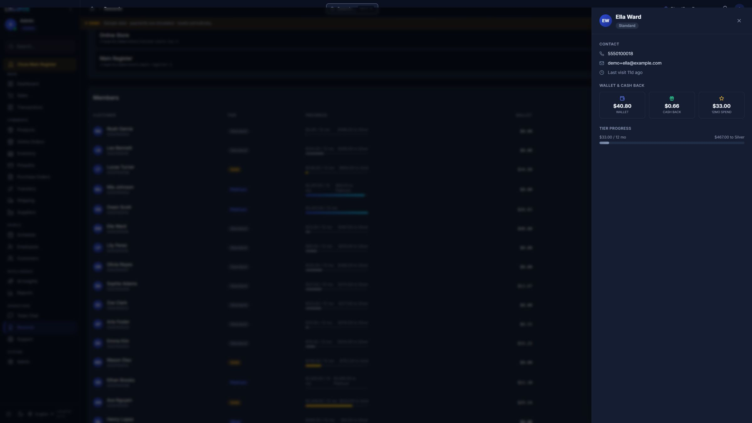 LiftedPOS cash-back member wallet and tier progress