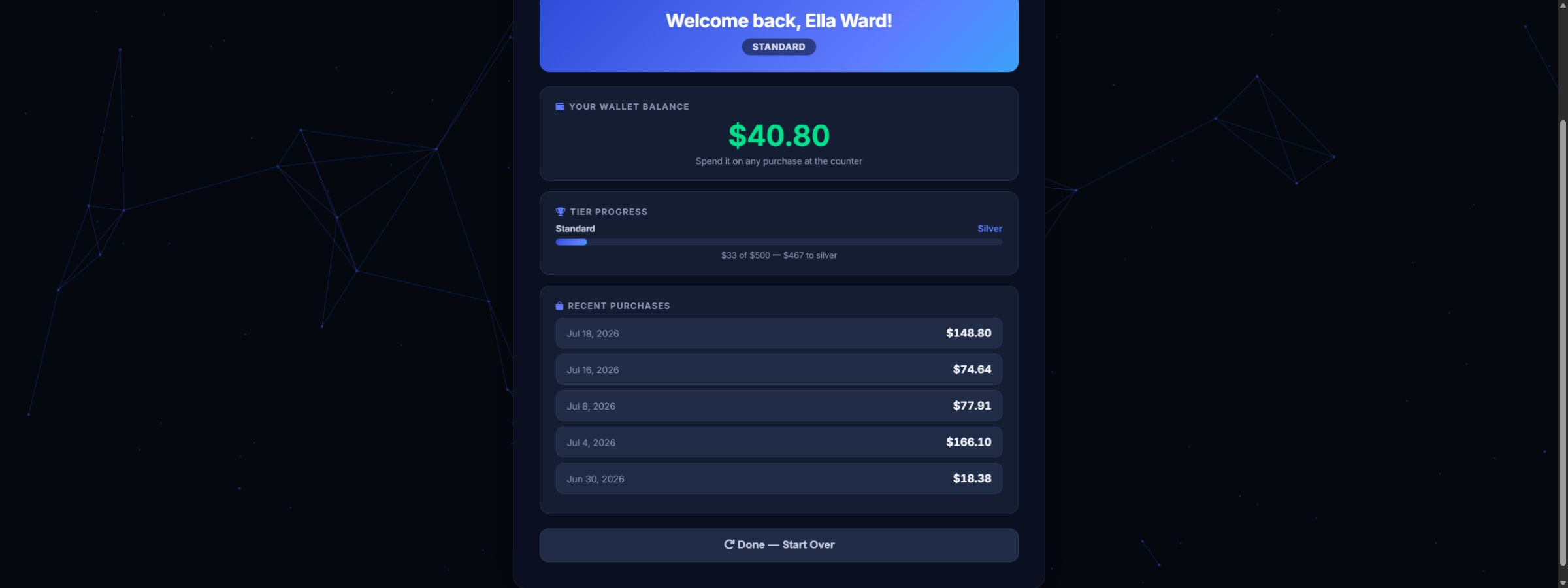 LiftedPOS customer display with wallet and tier