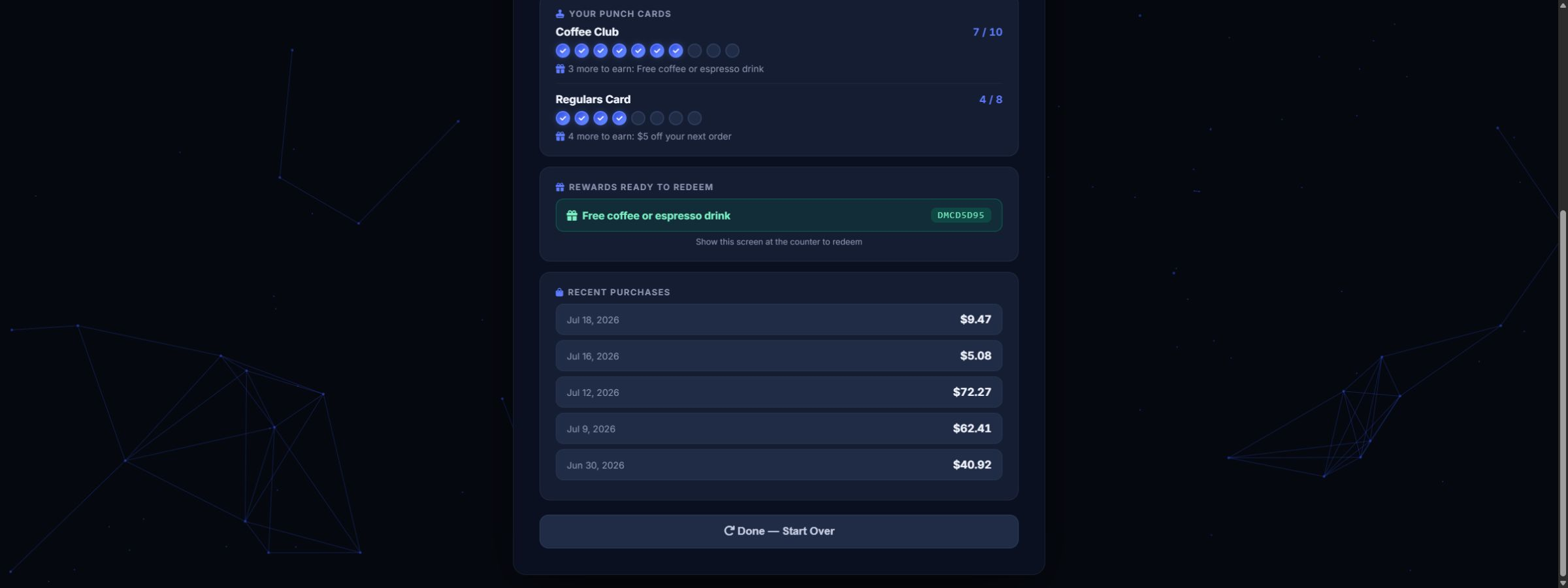 LiftedPOS customer display with punch progress and available reward