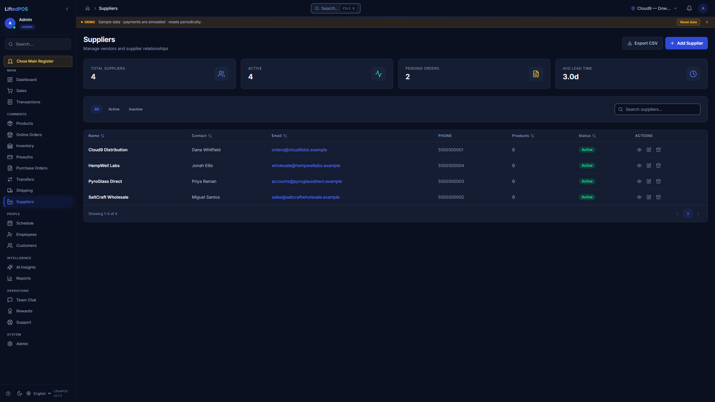 LiftedPOS Suppliers board with supplier records and purchasing context