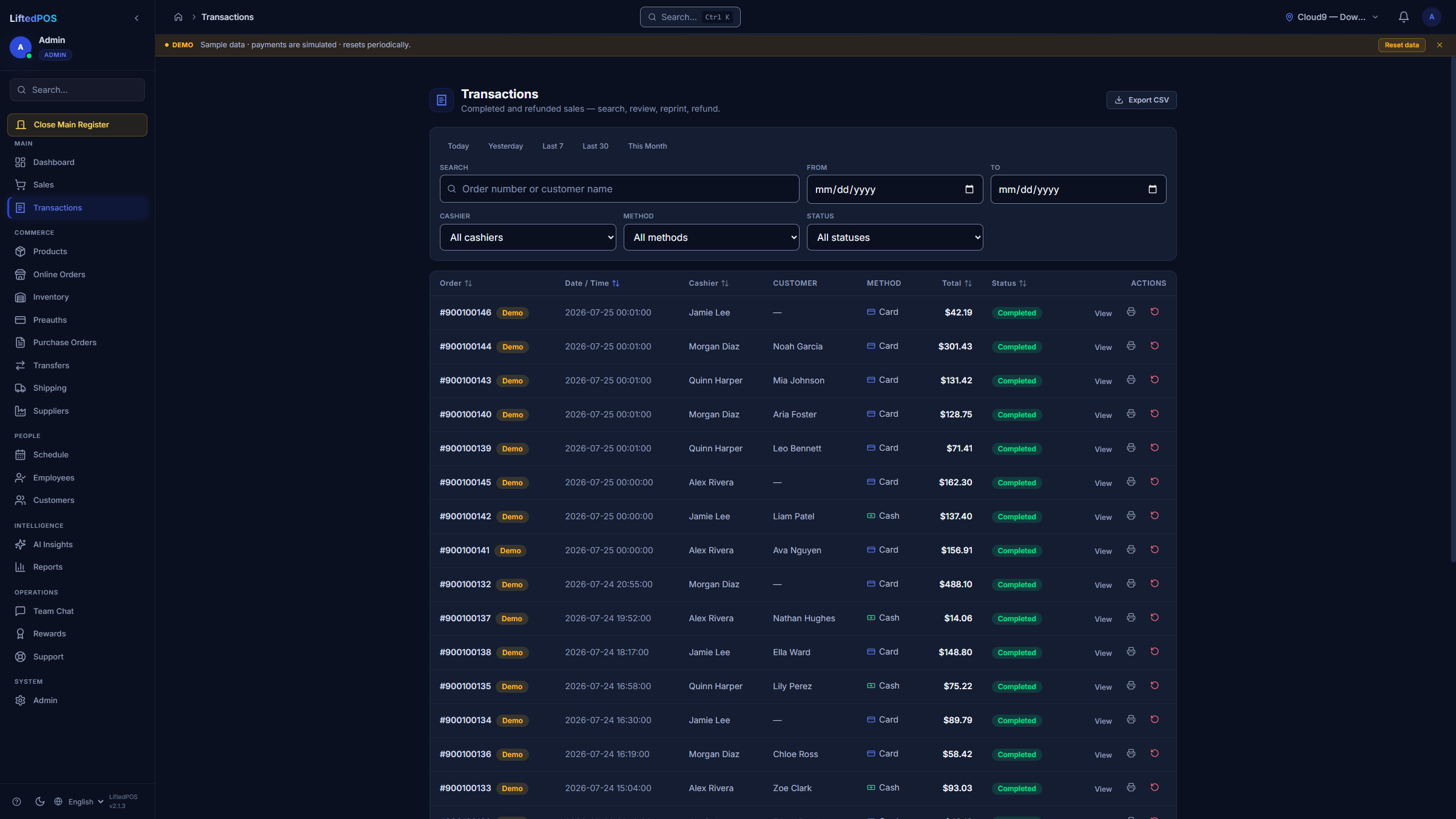 LiftedPOS Transactions screen for inspecting recorded sales and returns