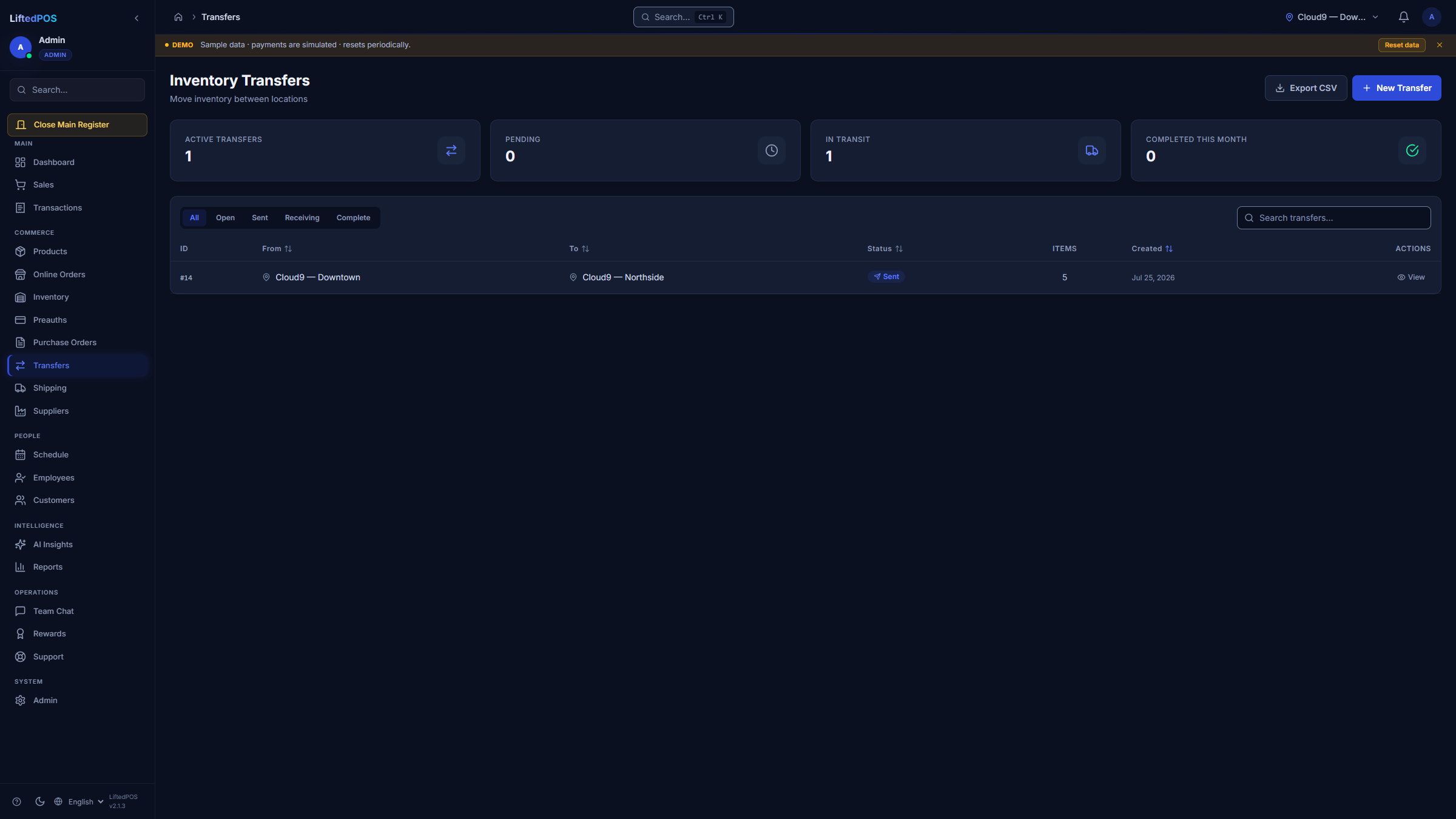 LiftedPOS multi-location transfer board with source, destination, inventory, and status